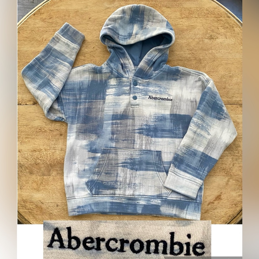 Abercrombie Kids Unisex Sz 9/10‎ Abstract Blue Fleece Snap Placket Logo Hoodie